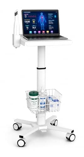 Mount Plus MB-C05 Medical Laptop Workstation Trolley Cart with Wheels, Oral Scanner Holder, Basket Storage | Height Adjustable Rolling Lab Cart with Large Tabletop for Dental Office, Hospital, Clinic