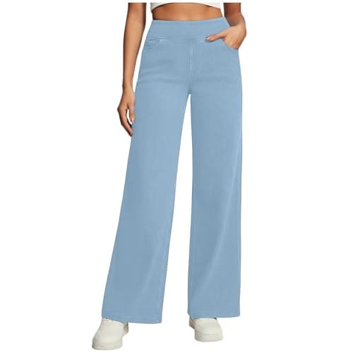 Lmdudan 2025 Women's Wide Leg High Waisted Jeans Strechy Elastic Waist Straight Leg Loose Denim Pants Trousers with Pockets Light Blue