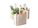 PurpleEssences Canvas Grocery Shopping Bags, Reusable Cotton Tote with 6 Bottle Sleeves & Pockets, Heavy Duty Foldable Washable Cloth Bags with Handles, Durable Large Capacity - Set of 3 - Off White