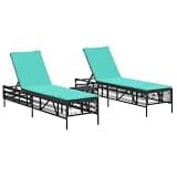 TUERYAFEK Modern Cushioned Sun Lounger Set with Side Table for Two, Black PE Rattan Outdoor Lounger with Adjustable Backrest and Thick Cushions