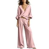 Oplxuo Women's Business 2 Piece Pant Sets V Neck Long Sleeve Blouse Wide Leg Dress Pants Elegant Office Matching Outfit