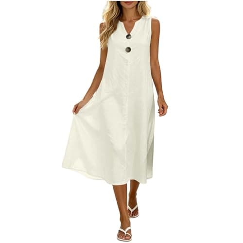 Sundresses Dresses for Women Summer Sleeveless V Neck Boho Casual Midi Tank Beach Vacation Dresses with Pockets White