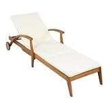 YJSPSSW Acacia Wood Outdoor Chaise Lounge with Wheels, 4-Position Adjustable Recliner, 2" White Cushion, 800LBS Weather Resistant Patio Chair for Poolside Garden