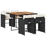 PHGTYUK 5 Piece Patio Dining Set with Cushions, Black Poly Rattan Outdoor Dining Set with Folding Chairs and Acacia Wood Table