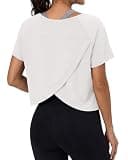 GRECERELLE Workout Tops for Women Short Sleeve Athletic Shirts Running Yoga Crop Gym Pilates Top Crossover Back Y2k, White, S