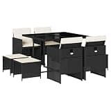 9 Piece Black Garden Dining Set with Cushions, Poly Rattan Patio Dining Set with Foldable Chairs and Tempered Glass Tabletop