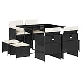 WRJENFSC 9 Piece Garden Dining Set, Black Poly Rattan Outdoor Furniture Set with Tempered Glass Table, 4 Chairs and 4 Ottomans, Space-Saving Cube Design for Patio, Backyard and Balcony