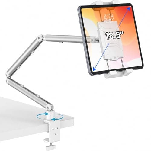 TeQable Portable Monitor Stand 15.6", Heavy Duty Tablet Arm Mount with Desk Clamp, Sag-Free Adjustable iPad Holder for Bed, 360° Foldable Arm Fits 4.7"-18.5" iPad Pro/Air/Mini, 2.2lbs Capacity, White