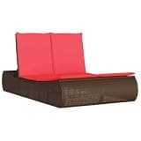 KMUNGDWG Double Patio Sun Lounger with Cushions, Brown Poly Rattan Double Lounger with Adjustable Backrest, Roof and Curtains, Thick Padded Seat Cushions with Removable Washable Cover