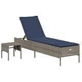 KMUNGDWG Grey Poly Rattan Sun Lounger with Adjustable Backrest, Cushion and Table, Outdoor Patio Lounge Chair with Removable Washable Cover, Powder-Coated Steel Frame