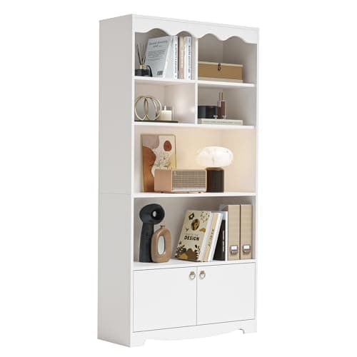 LALFPET Modern 5-Tier Bookshelf with Doors – Tall Freestanding Bookcase with Storage Cabinet – Sturdy Wooden Display Shelf for Office, Bedroom, Living Room – White