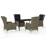 GHVBNMF 5-Piece Garden Dining Set with Rectangular Glass Top Table and 4 Reclining Chairs, Brown Poly Rattan Patio Furniture Set with Black Cushions for Outdoor Dining and Backyard