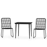 TUERYAFEK 3 Piece Patio Dining Set Black with Steel Frame and Glass Tabletop, PE Rattan Chairs with Curved Backrests for Outdoor Garden Use