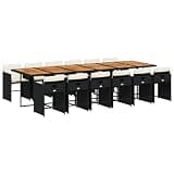 PHGTYUK 13 Piece Patio Dining Set with Cushions, Black Poly Rattan, Acacia Wood Table, Foldable Chairs for Outdoor Garden Backyard