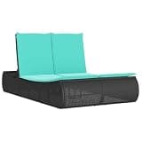 KMUNGDWG Double Patio Sun Lounger with Adjustable Backrest, Roof and Curtains, Black Poly Rattan, Thick Padded Cushions with Removable Washable Covers