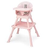JOYMOR 7 in 1 Baby High Chair for Babies and Toddlers, Convertible Baby Feeding Chair Booster for Eating,Foldable and Portable Highchair with Removable Tray,Activity Table for Toddlers & Infants,Pink