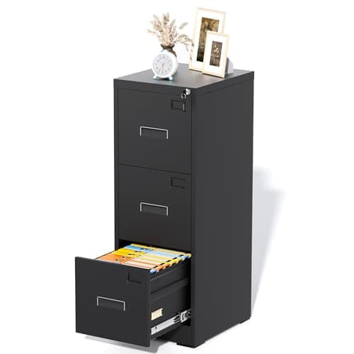 Omelaza 3 Drawer File Cabinet with Lock, Vertical Metal Filing Cabinet for Home Office, Deep Black Locking File Cabinet for Legal Folders, Heavy Duty Steel Storage Cabinet with Easy Assembly, Black
