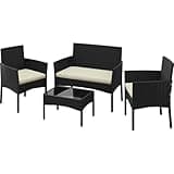 Yaheetech Patio Furniture Set 4 Pieces Conversation Sets, Rattan Chair Wicker Set Loveseat with Soft Cushion and Glass Table for Backyard Porch Garden Poolside Balcony, Black and Beige