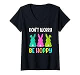 Women's Dont Worry Be Hoppy Easter Bunny V-Neck T-Shirt