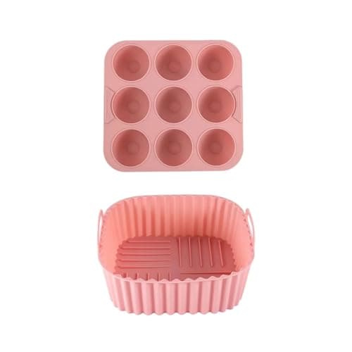 2-piece square silicone air fryer inner liner, reusable silicone air fryer inner liner, food safety air fryer accessories, bakin(Pink)