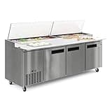 Pemberly Row 92" 3-Door Commercial Pizza Prep Refrigerator, Stainless Steel, Freestanding Design, Built-in Cutting Board, Side-Mounted Compressor, Digital Temperature Control, Ideal for Restaurants