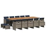 PHGTYUK 15 Piece Garden Dining Set with Cushions, Grey Poly Rattan Outdoor Dining Set for Patio Garden Furniture with Acacia Wood Table and Foldable Chairs
