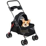 Foldable Travel Cart for Puppies and Cats with Cup Holder,Adjustable Canopy,Large Storage Basket and Visible Grid for Small to Medium Sized Pet