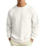 Men's Cable Jacquard Sweatshirt Crew Neck Raglan Long Sleeve Loose Pullover Fall Winter Casual Trendy Crewneck Tops White