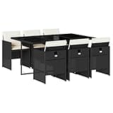 WRJENFSC 7-Piece Garden Dining Set, Black Poly Rattan Outdoor Furniture with Rectangular Table and 6 High-Back Chairs with Cream Cushions for Patio, Backyard, and Terrace