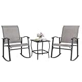 Shintenchi 3 Piece Rocking Bistro Set, Outdoor Furniture with Rocker Chairs and Glass Coffee Table Balcony, Porch Furniture for Small Space, Gray