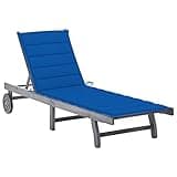 PHGTYUK Sunlounger Grey with Royal Blue Cushion, Solid Acacia Wood Outdoor Lounge Chair with Adjustable Backrest and Wheels, Water-Resistant Polyester Cushion for Patio, Garden,