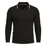 Mens Cable Knit Polo Shirt Quarter Zip Collared Long Sleeve Sweatshirts Comfy Breathable Fall Winter Pullover Top Black