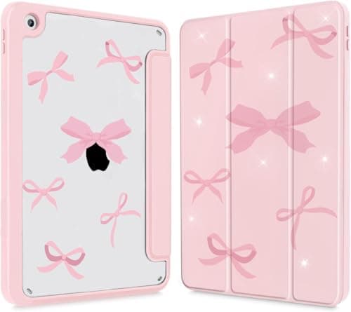 JGHYYZD Case for iPad 9th Generation 2021 / iPad 8th 7th Gen/iPad 10.2 Inch, Slim Shockproof Clear Transparent Back Protective Cover with Pen Holder,Auto Wake/Sleep, Pink Bow
