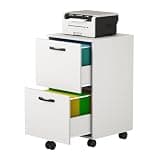 HAPPYMONT 2 Drawer File Cabinet, Wooden Under Desk Cabinets for Home Office, White Filing Cabinet with Lockable Wheels, Mobile Printer Stand with Drawers