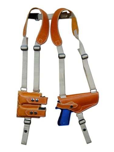 Barsony Horizontal Saddle Tan Leather Shoulder Holster w/Dbl Mag Pouch for Canik TP9 SFL 5.2" Left
