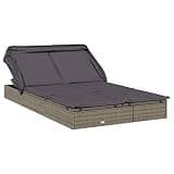 DXKDUSOKJ 2-Person Patio Sunbed with Foldable Roof, Gray Poly Rattan Daybed with Adjustable Seat, Steel Frame Outdoor Lounge Bed for Pool Balcony Camping