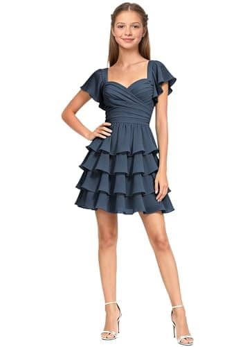 TIKBABA Navy Blue Junior Bridesmaid Dresses for Teen Girls 2T Chiffon Ruffle Tiered Girl Formal Dresses for Wedding Mini Prom Dresses for Teens
