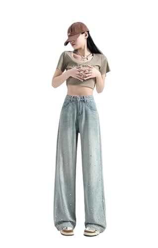 Women High Waist Rhinestone Embellished Vintage Slim Floor Length Casual Denim Jeans Pants Spring Light Blue XXL