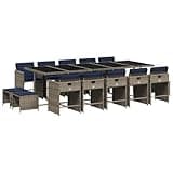 Kaorsrow 15 Piece Garden Dining Set with Cushions, Grey Poly Rattan Patio Furniture Set, Large Outdoor Dining Table with 10 Chairs and 4 Stools, Tempered Glass Top for Backyard and Terrace