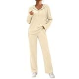 Oplxuo Women Ribbed Knit Sweatsuit Set Half Button Long Sleeve Hoodie Top Wide Leg Pants Cozy Loungewear Tracksuit Outfits