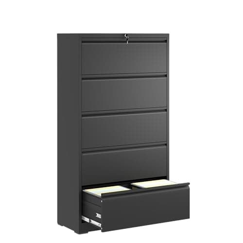 5 Drawer Lateral File Cabinet with Anti-Tip Design, Heavy Duty White Metal Filing Cabinet for Office, Interlocking Drawers Safety, 550 LBS Load Capacity (Black)