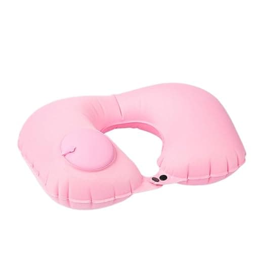 Inflatable U-Shaped Travel Pillow Portable Neck Pillow with Eye Mask Earplugs and Storage Bag for Airplane Travel (Pink)