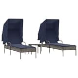 YUOGHRTFE Patio Sun Loungers 2 Pcs with Retractable Canopy, Adjustable Backrest and Tea Table, Gray Poly Rattan Outdoor Lounge Chairs with Cushion