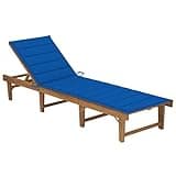PTUGUOF Folding Sun Lounger with Solid Acacia Wood Frame and Removable Royal Blue Cushion for Outdoor Relaxation and Sunbathing, Adjustable Backrest, Durable Weather-Resistant