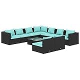 KTPRTOCK 10 Piece Patio Lounge Set with Cushions Black Poly Rattan