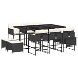 Kaorsrow 11-Piece Garden Dining Set, Black PE Rattan Outdoor Furniture with 10 High-Back Chairs and Tempered Glass Table, Modern Seating for Patio and Terrace, Cream White Cushions