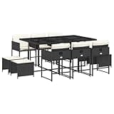 WRJENFSC 11 Piece Garden Dining Set, 10 Person Outdoor Patio Furniture Set with PE Rattan Chairs and Tempered Glass Table, Large Backyard Dining Group, Black and Cream White