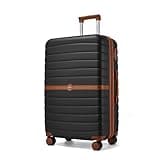 Kono Expandable 28 Inch Luggage with Spinner Wheels, Large Checked Luggage with Lock, Lightweight & Anti-Scratch PC+ABS Hardshell Travel Suitcase, Black/Brown