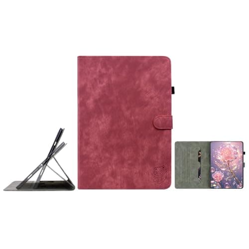 IVY Retro Cartoon Tiger Embossment PU Leather Case for Amazon Kindle Fire Max 11,Multi-Angle Stand Cover with Pencil Holder - Red