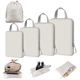 NBERMOTION 4/8 Set Compression Packing Cubes for Travel Essentials, Compressible Expandable Luggage Organizer Bags for Clothes, Durable Space Saver Storage Bags for Suitcase(8set-Beige)